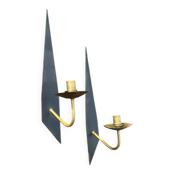 Paire d’appliques vintage Arlus 1950 moderniste métal laiton sconces 