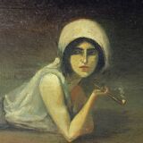 Peinture à l'huile vintage d'une gitane de Zamutov, Tchécoslovaquie, années 1940