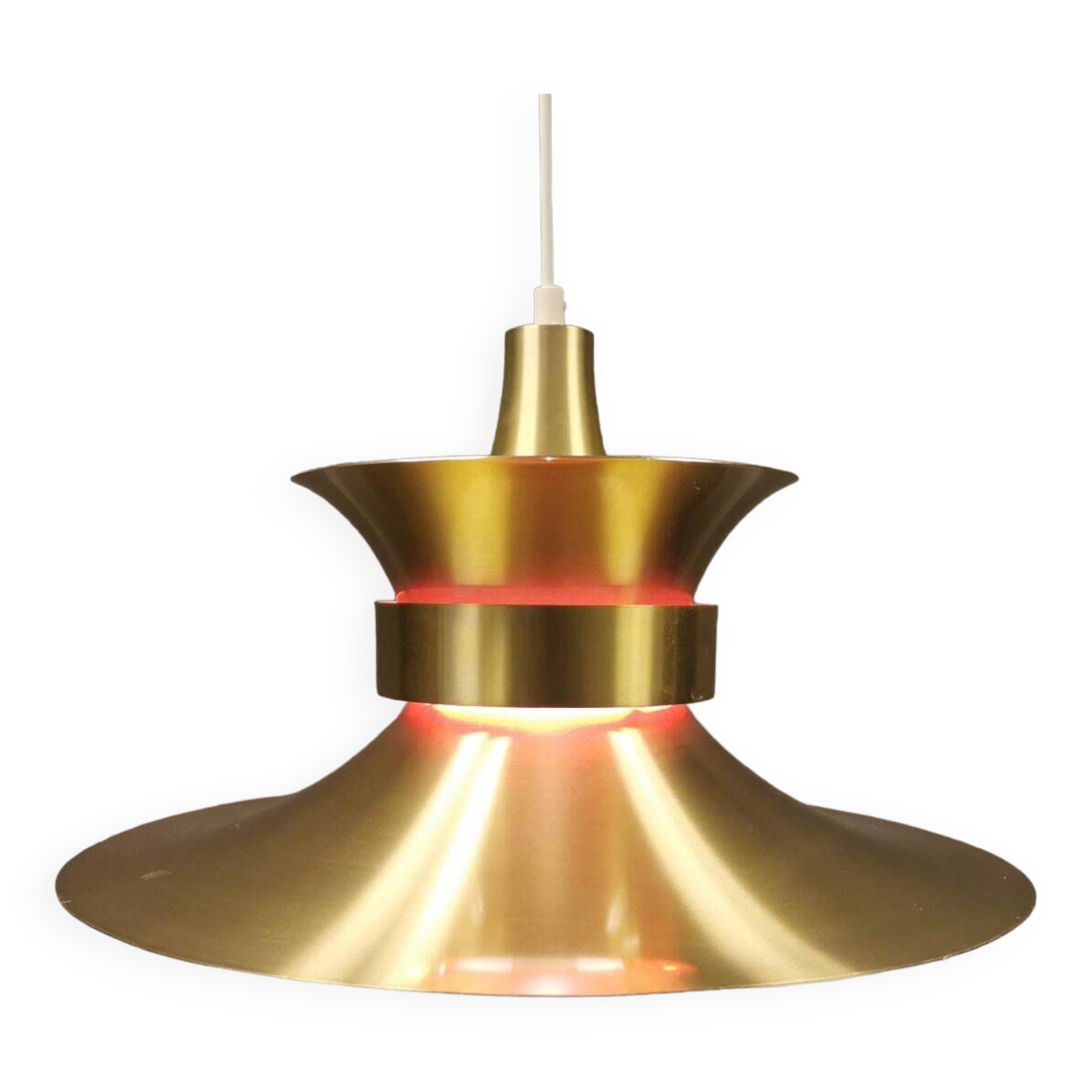 Large hanging lamp, made of brass-coloured aluminium with red and white contrast lacquer inside.
