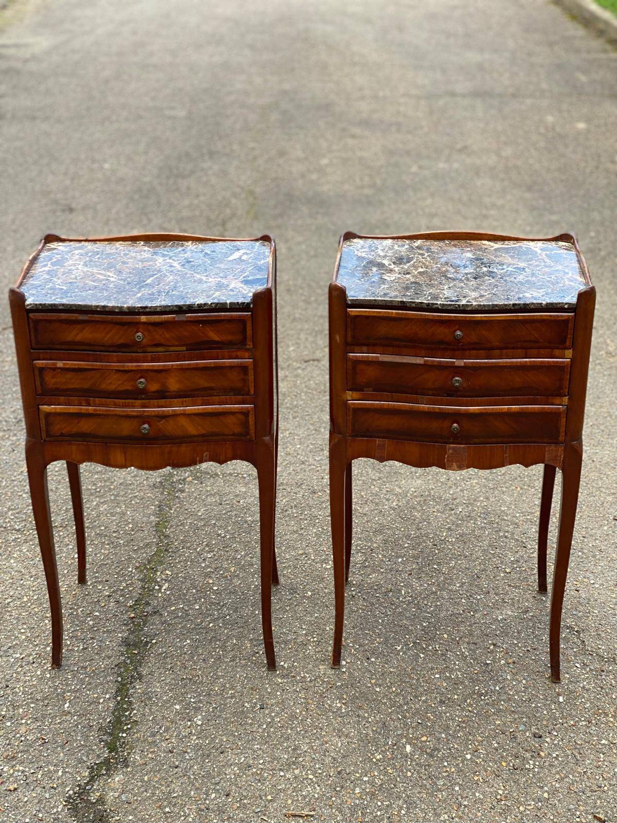 Pair of Louis XV bedside tables, early 20th century, marquetry and marble
