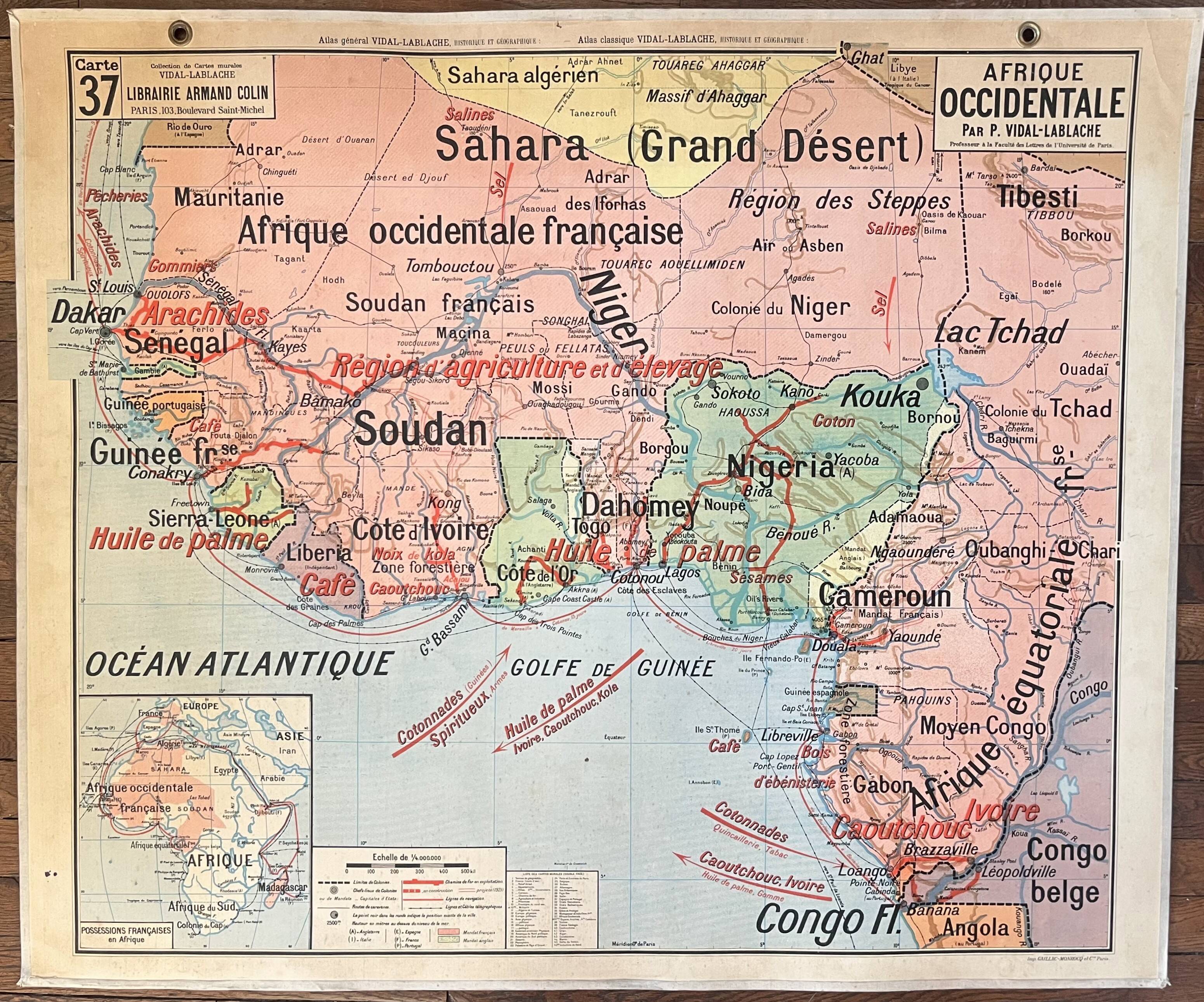 Old school map Vidal-Lablache 37, T36, 1930 West Africa