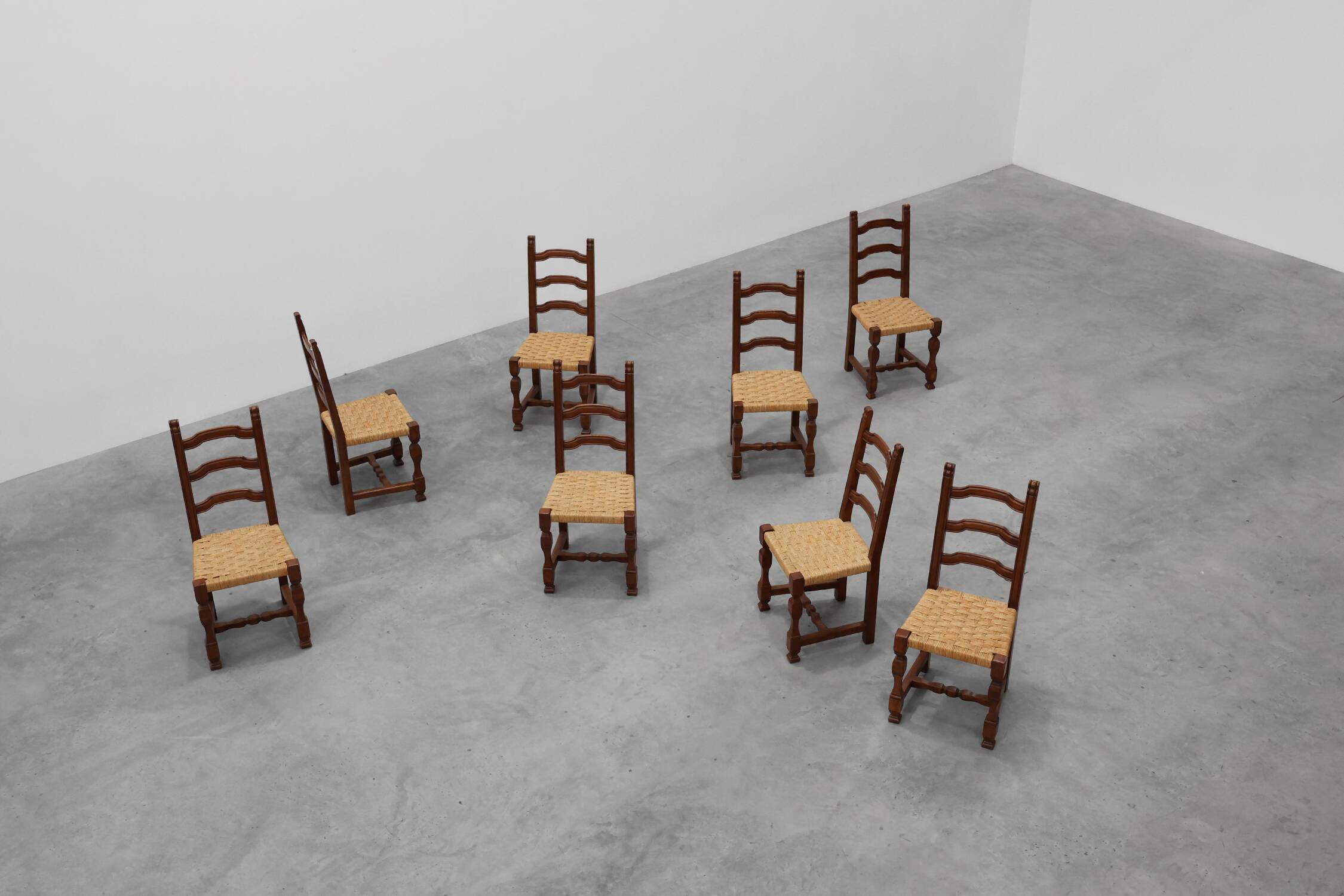 Set of 8 Brutalist Mid-Century Chairs in Wood and Wicker, Belgium ca. 1970