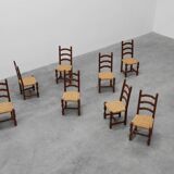 Set of 8 Brutalist Mid-Century Chairs in Wood and Wicker, Belgium ca. 1970