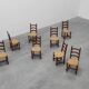 Set of 8 Brutalist Mid-Century Chairs in Wood and Wicker, Belgium ca. 1970