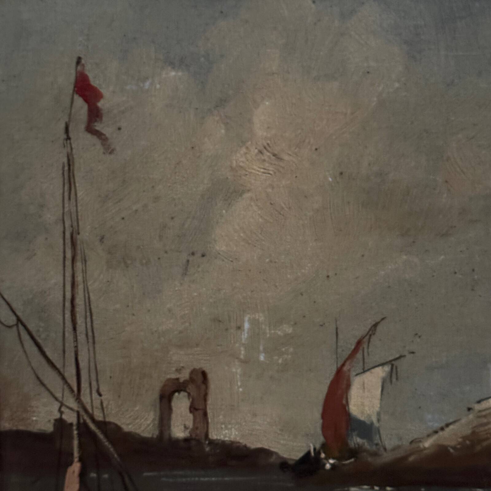 Oil on panel, port scene, late 19th century, gilded frame