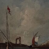 Oil on panel, port scene, late 19th century, gilded frame