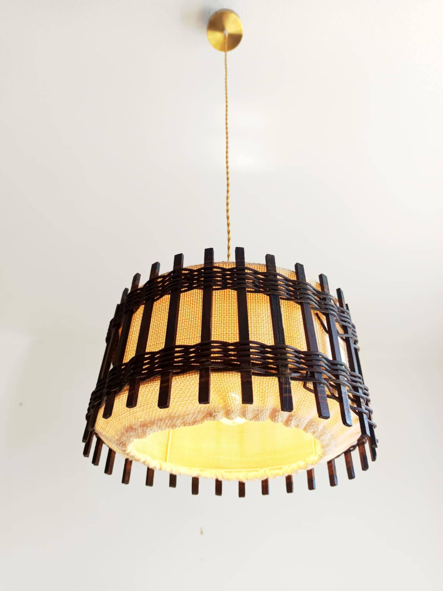 Wood and burlap pendant light, 1970