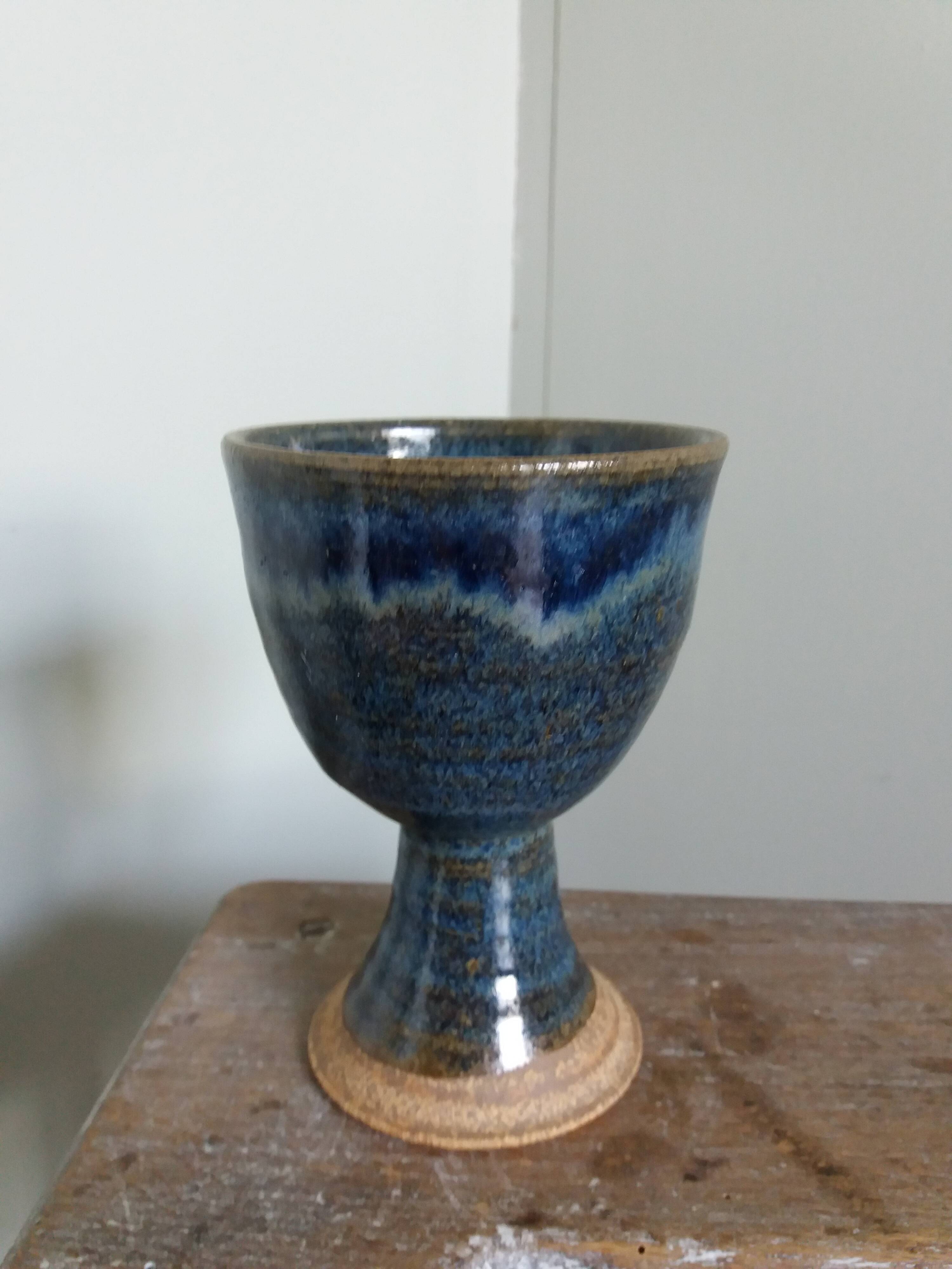 Chalice, cup in blue-glazed stoneware