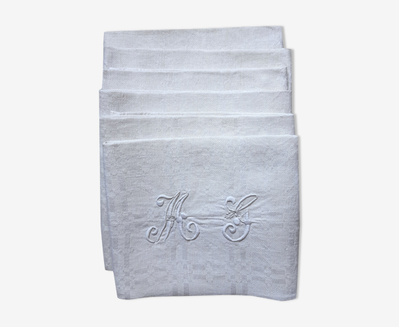 6 serviettes de table damassées en gros lin monogrammées "MG"