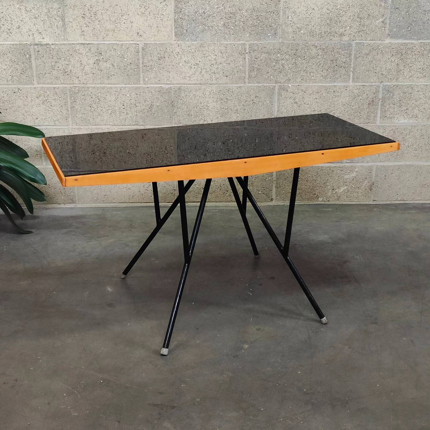 Metal and wood table, black Opaxit top, Czech Republic 1960