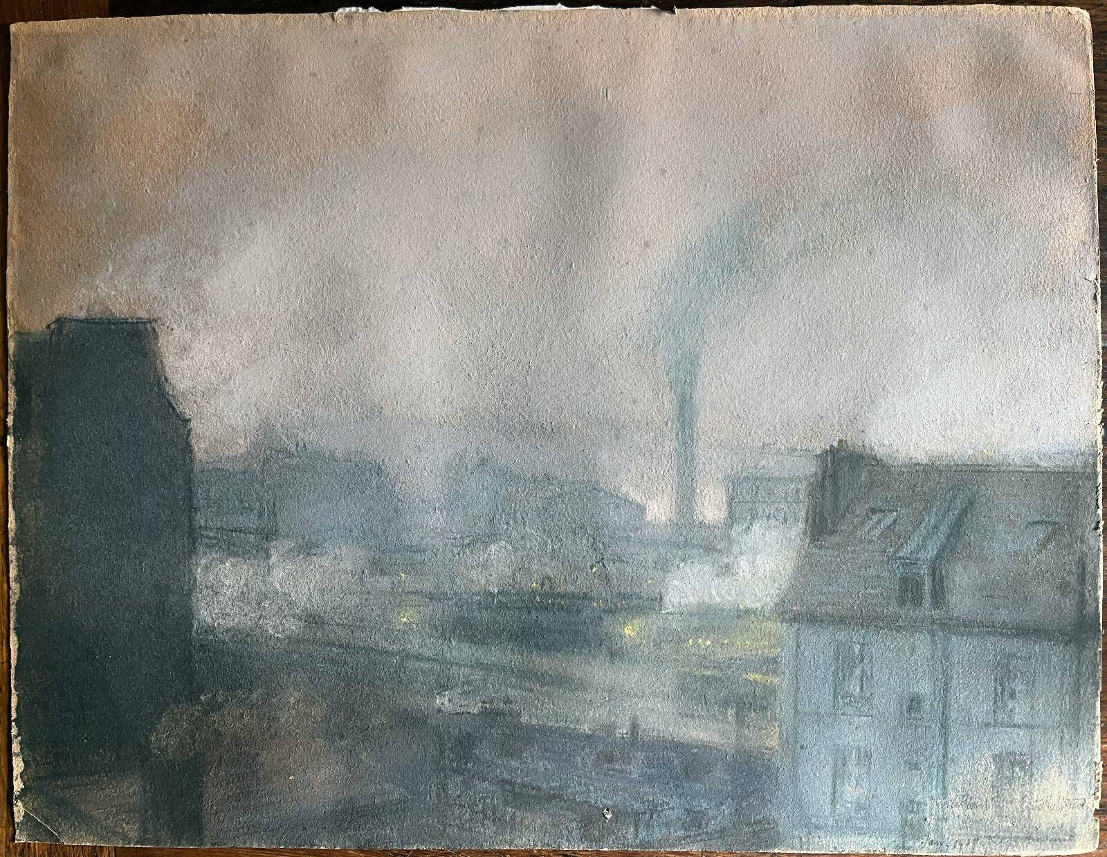 Pastel on paper circa 1900 Post-Impressionist Train Station and Train signed