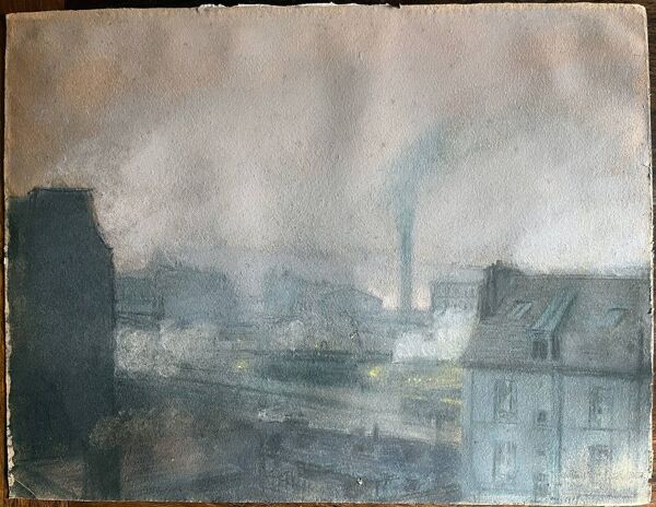 Tableau Pastel sec vers 1900 Post impressionniste Gare et train signé