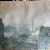 Pastel on paper circa 1900 Post-Impressionist Train Station and Train signed