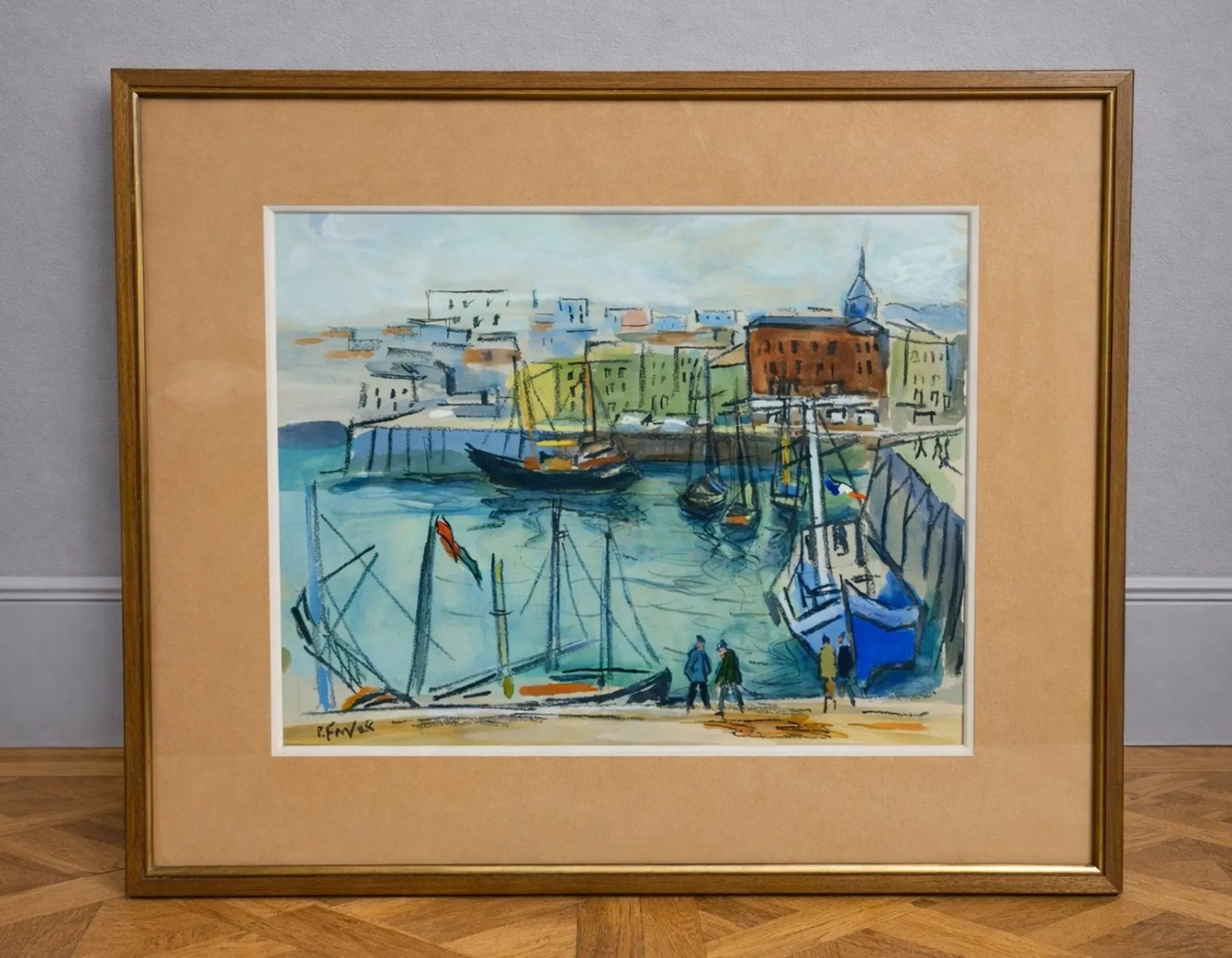 Watercolour / mixed media – Busy port – Signed R. Favier – Framed