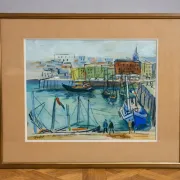 Watercolour / mixed media – Busy port – Signed R. Favier – Framed