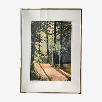 Aquarelle forêt vintage signée Eva Teusch