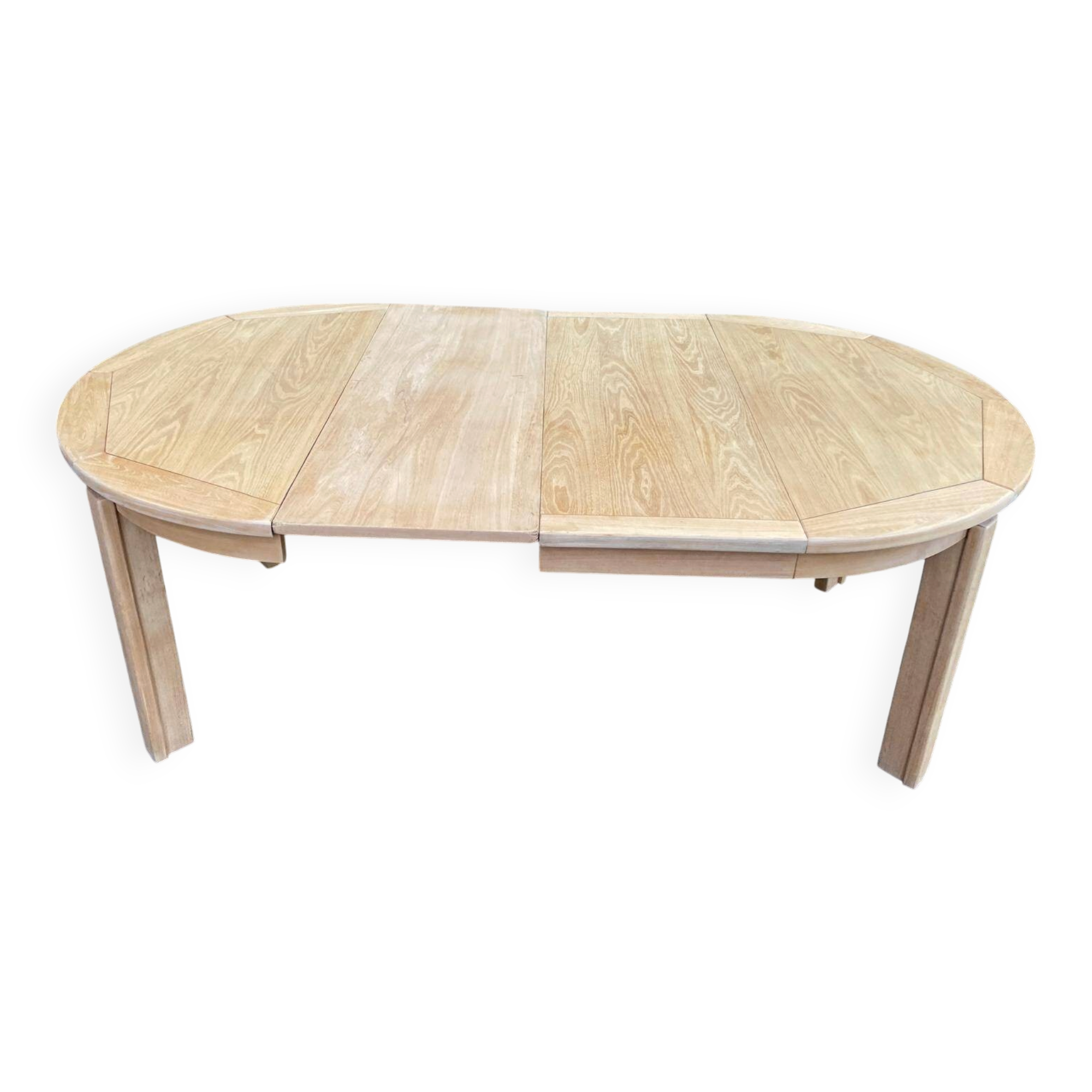Table à manger scandinave ronde extensible décapée en chêne brut 1970