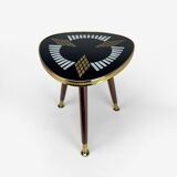 Pedestal table tripod glass wood and brass graphic patterns 50s