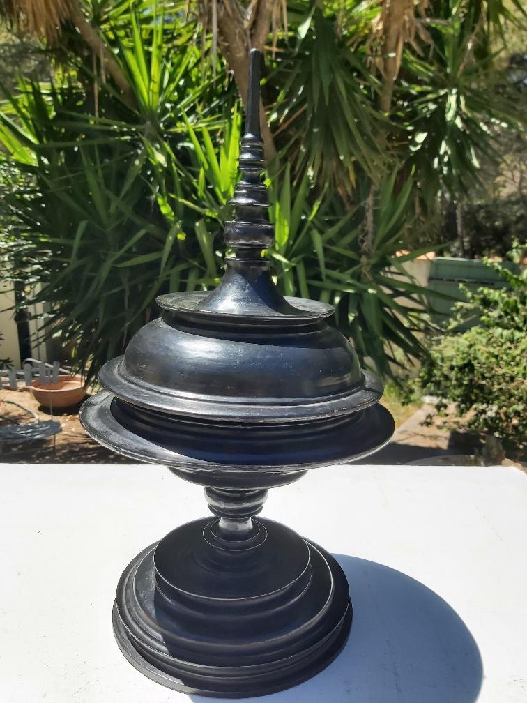 Ancient Burmese laywood offering pot