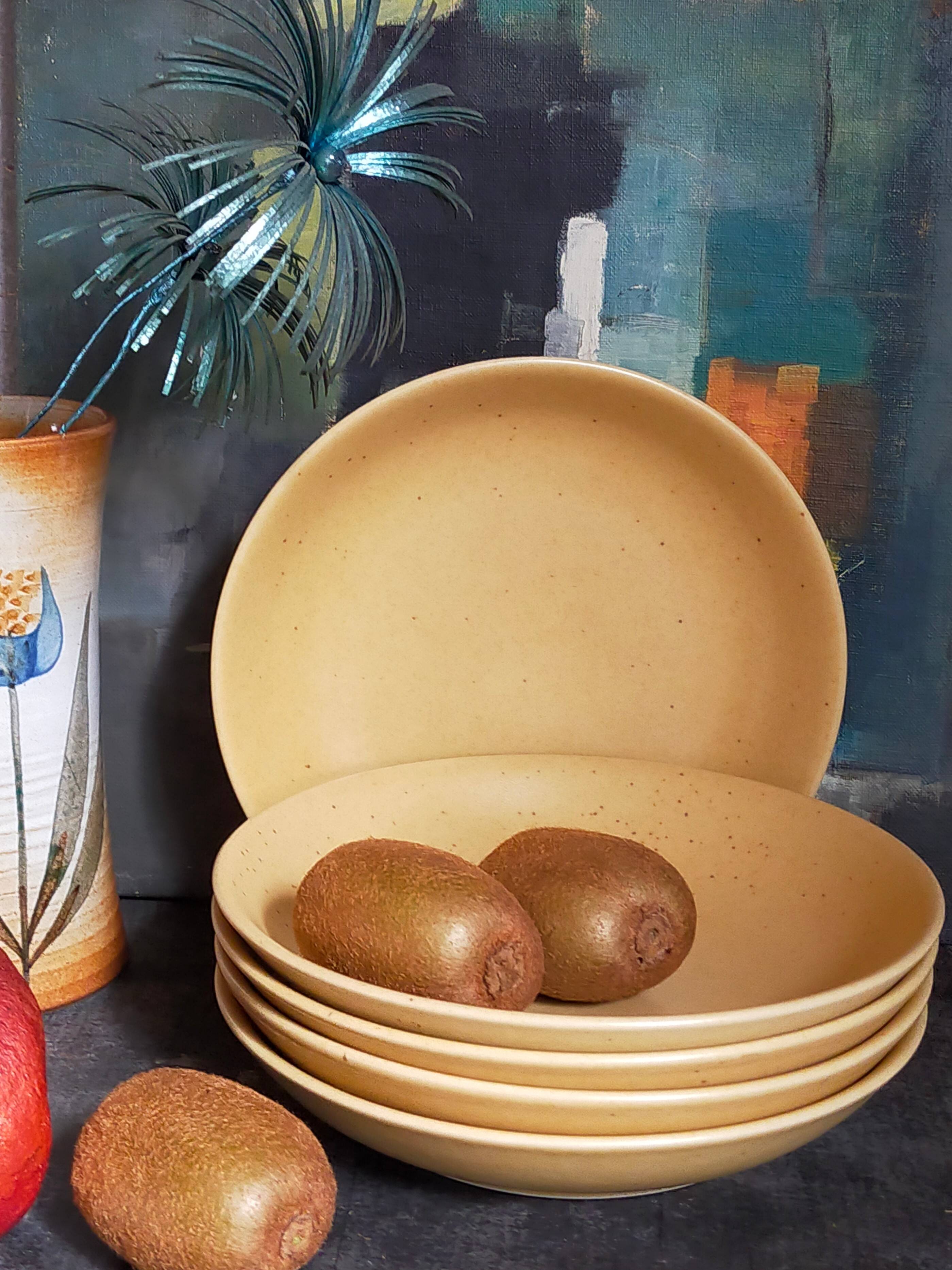 Five vintage natural stoneware soup plates