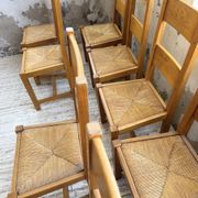 Set of 8 blond oak chairs with straw seats