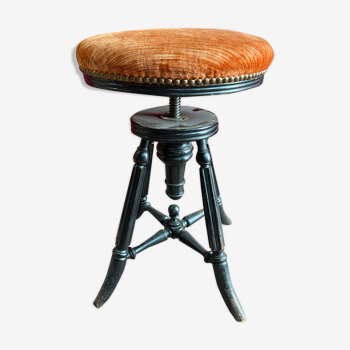 Napoleonic piano stool in blackened wood and orange velvet seat in excellent condition