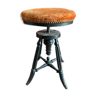 Tabouret de piano napoléon en bois noirci et assise en velours orangé en excellent état