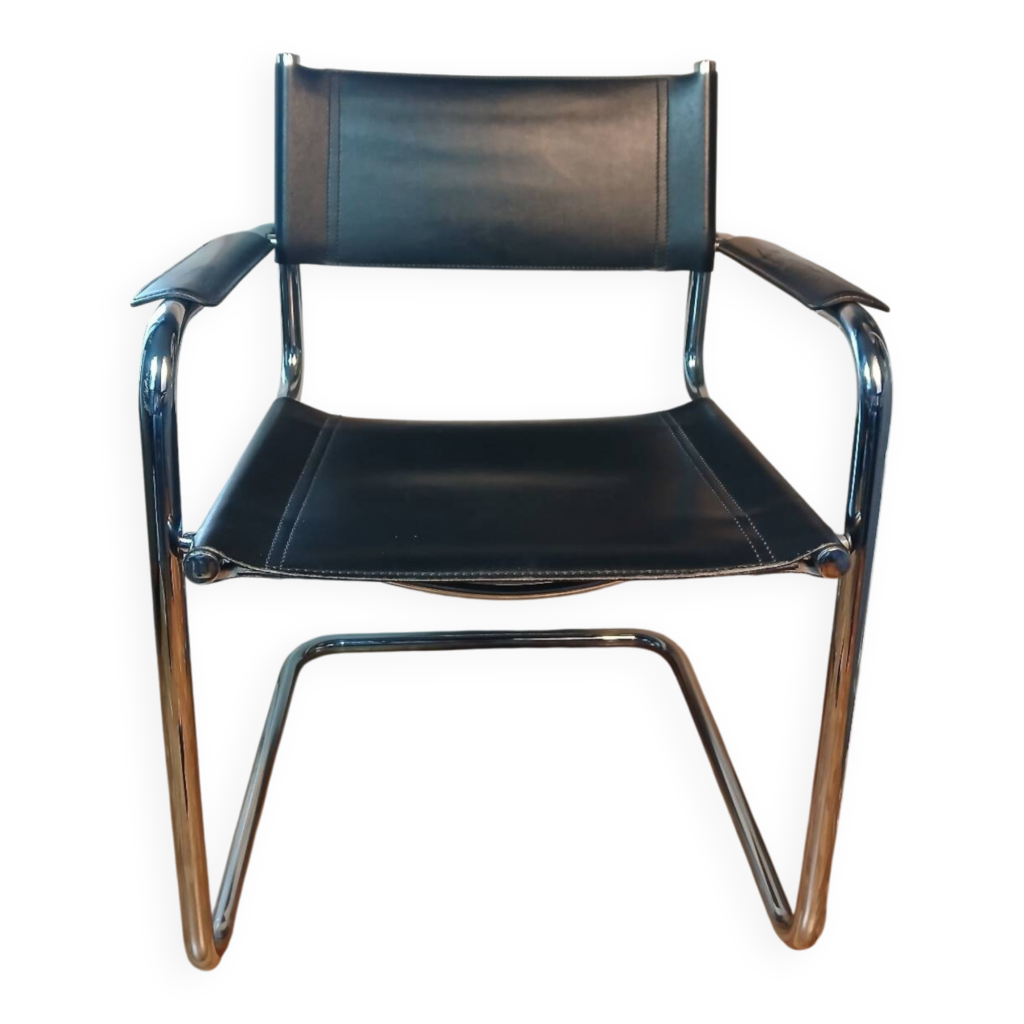 Black leather cantilever chair with chrome steel – Modernist design
