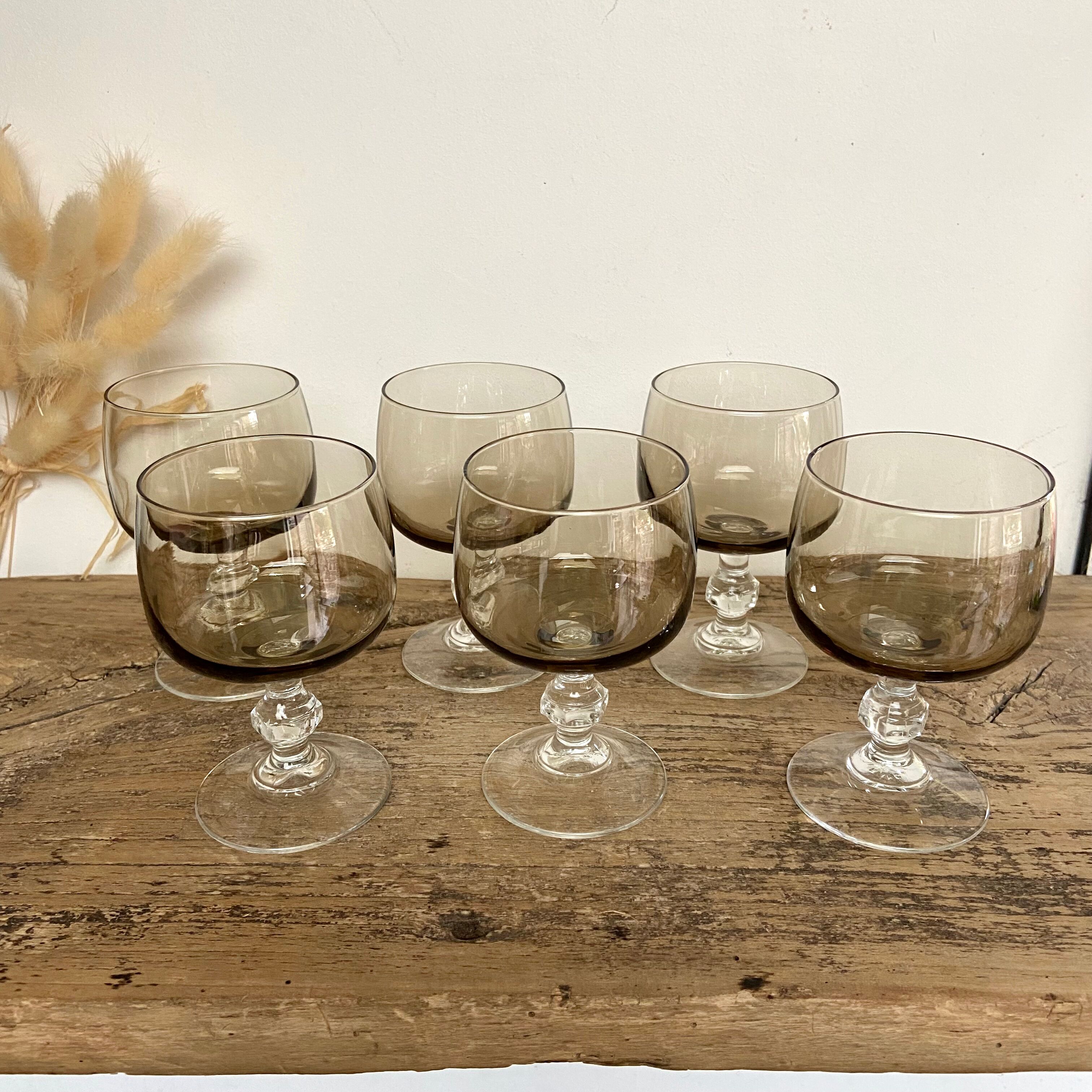 6 small vintage smoked stemmed glasses