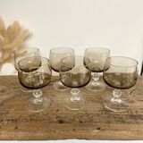 6 small vintage smoked stemmed glasses