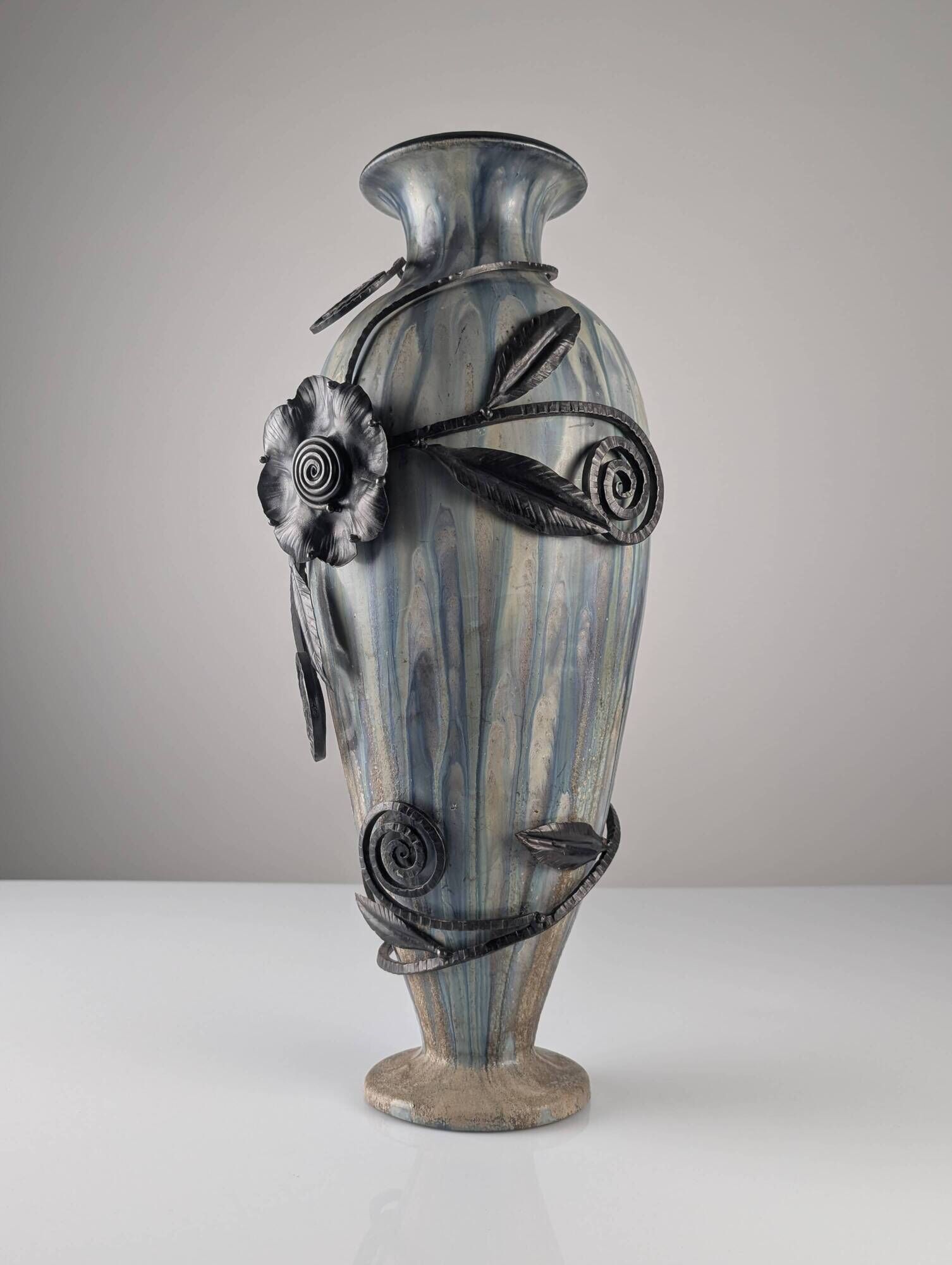 Roger Guérin Belgian Art Deco Stoneware & Wrought Iron Vase 1930s