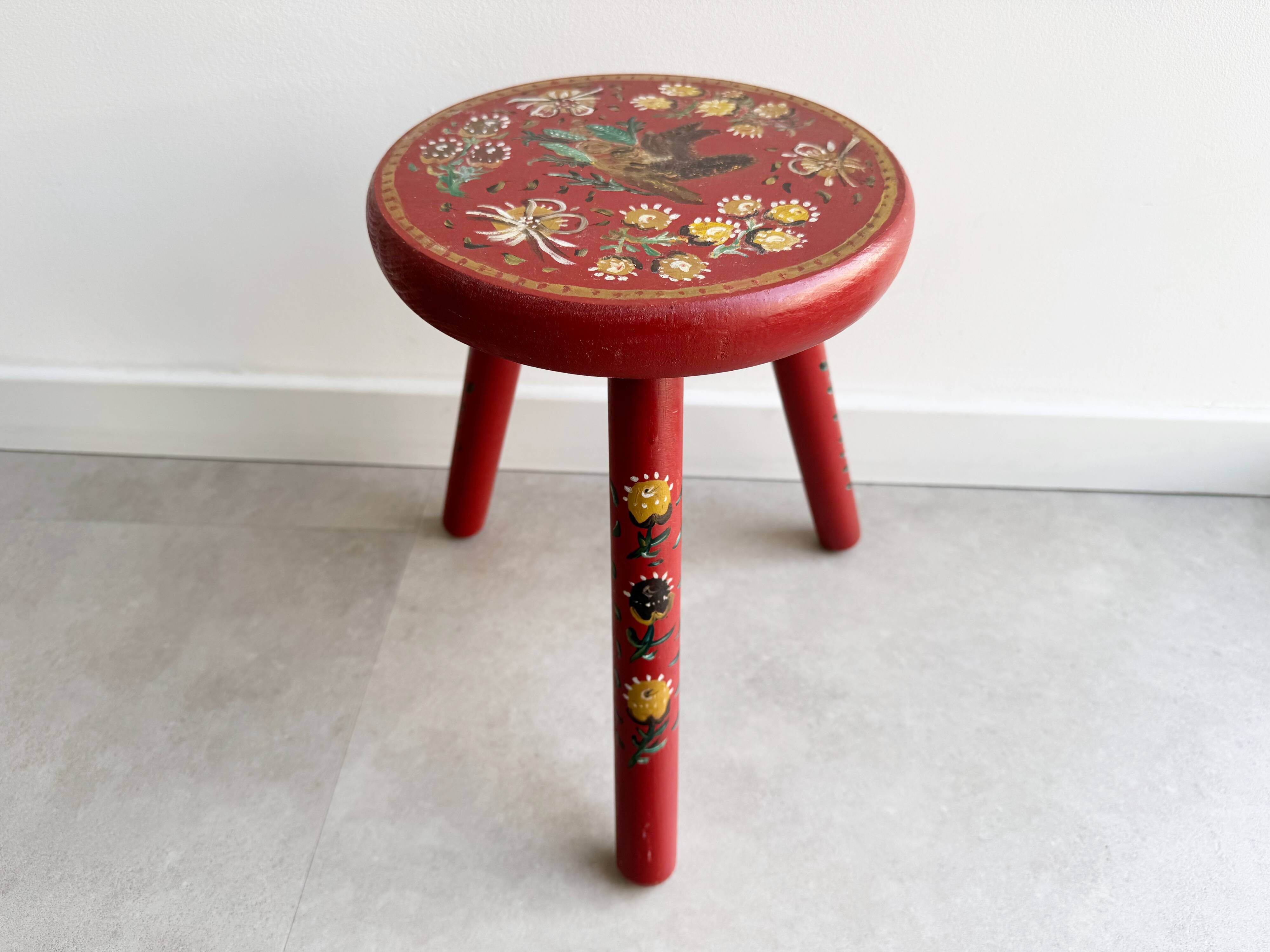 Vintage folk art wooden milk stool / side table