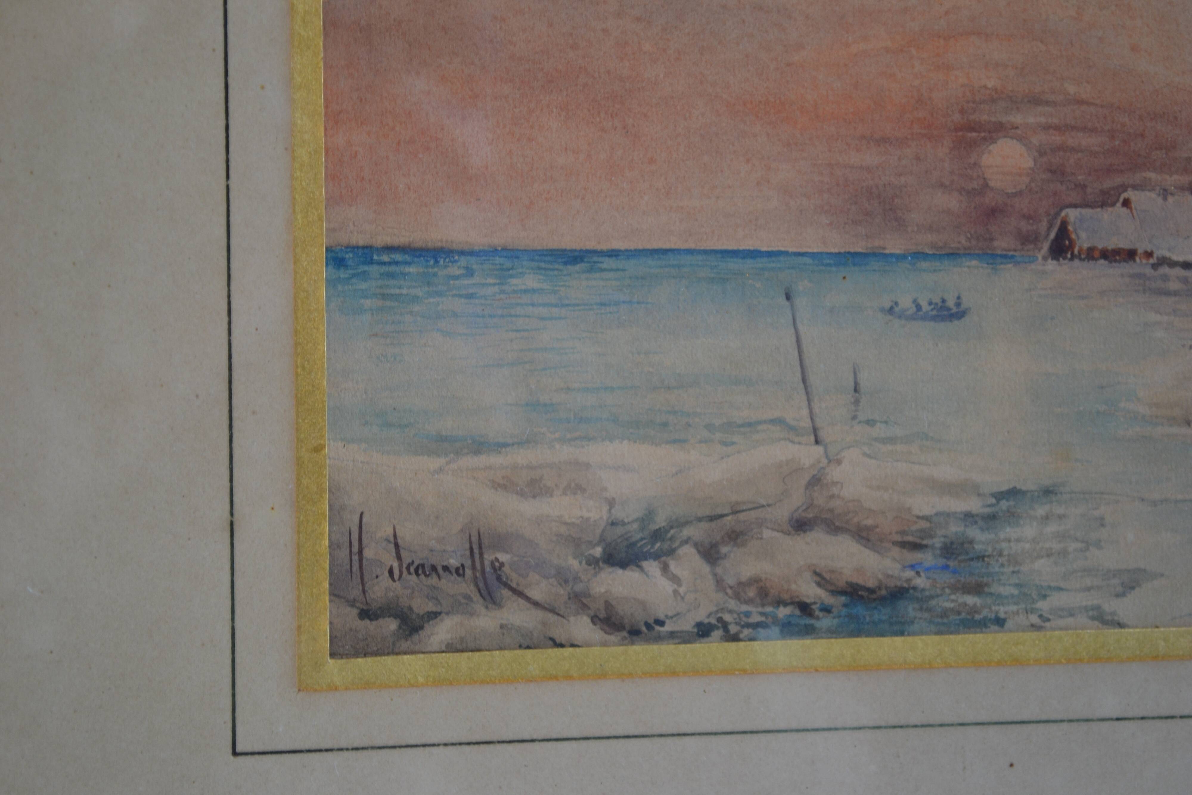 Old watercolor painting of seaside landscape signed H. Jeannolle 19th century