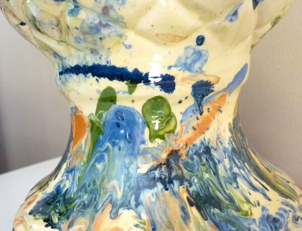 Pomme de pin, céramique, terre cuite émaillée, couleurs mêlées, vives,32cm