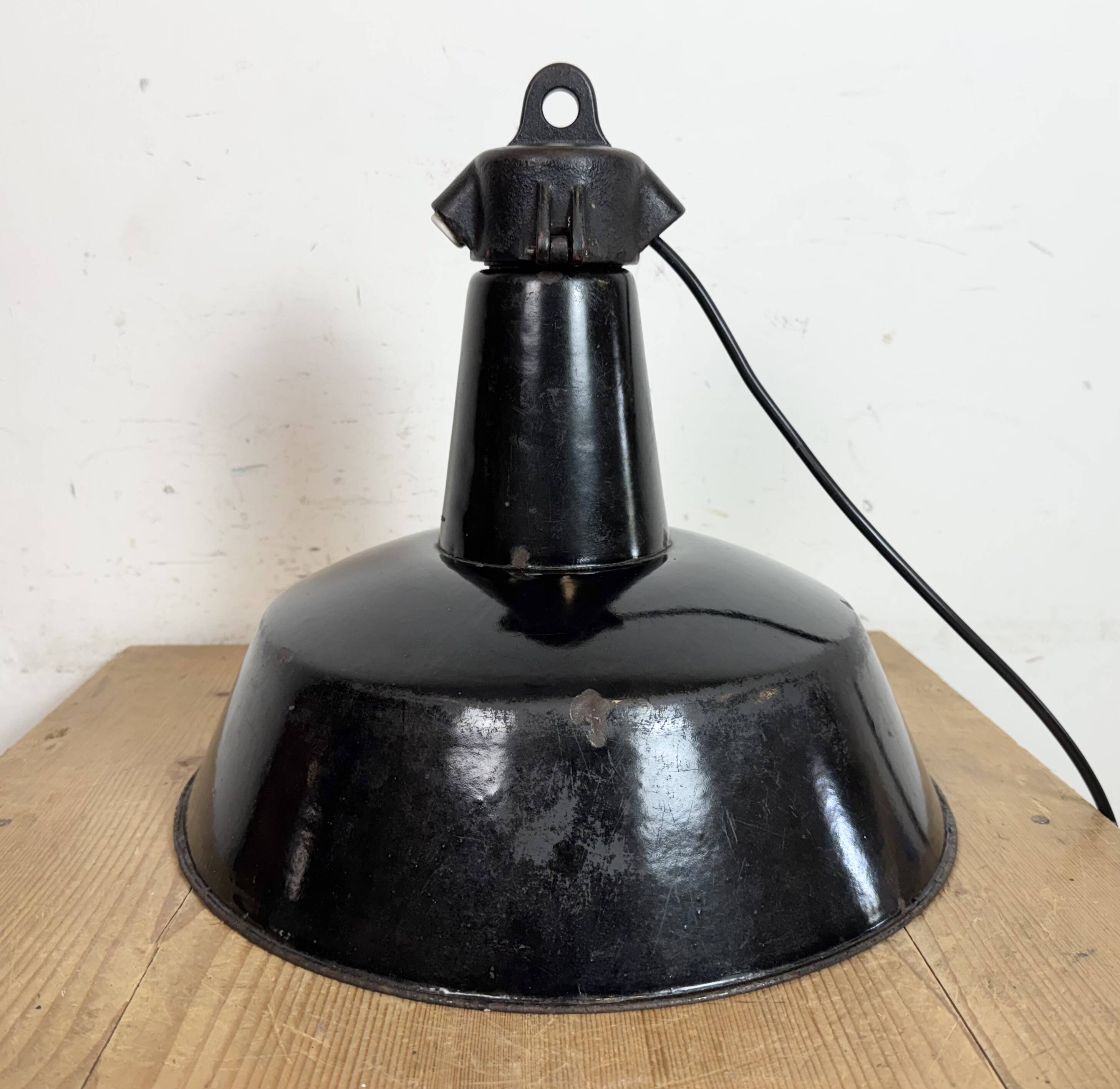 Industrial Black Enamel Factory Lamp with Cast Iron Top, 1950s