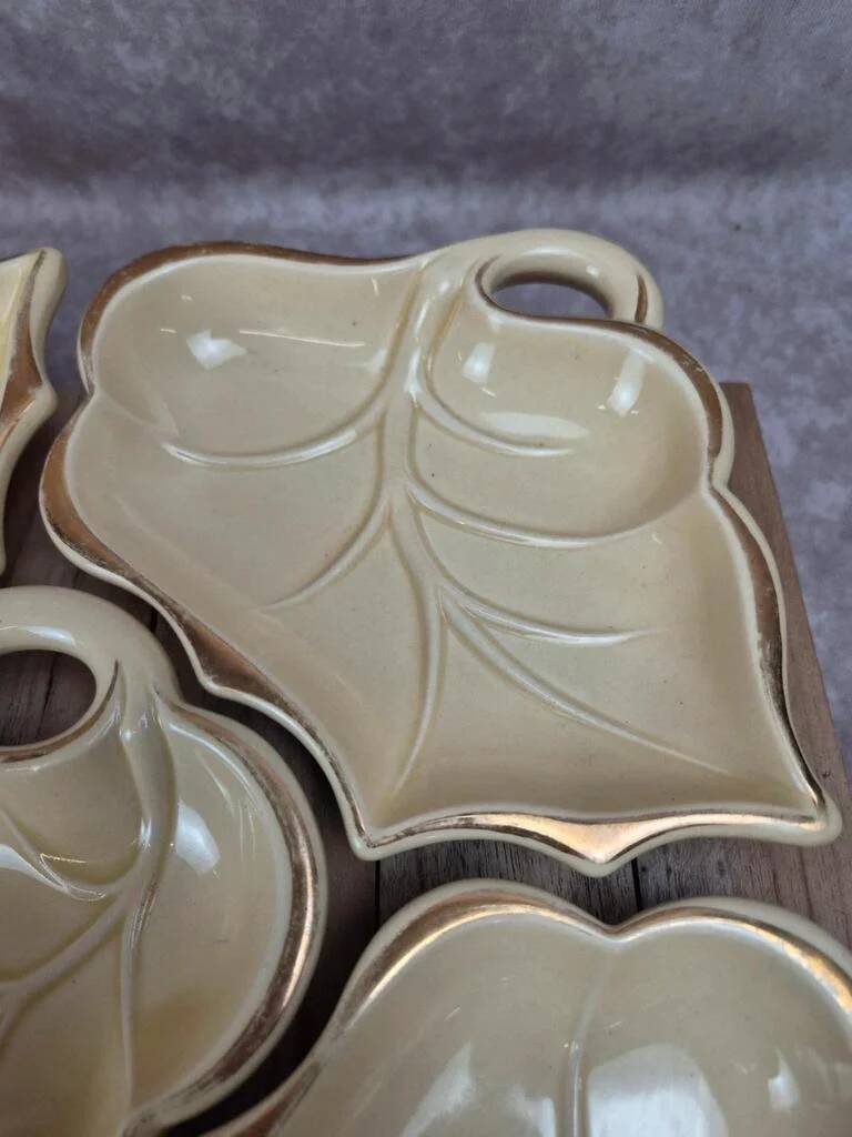 Vintage aperitif service 5 leaf bowls – Poët Laval art ceramics – gilding
