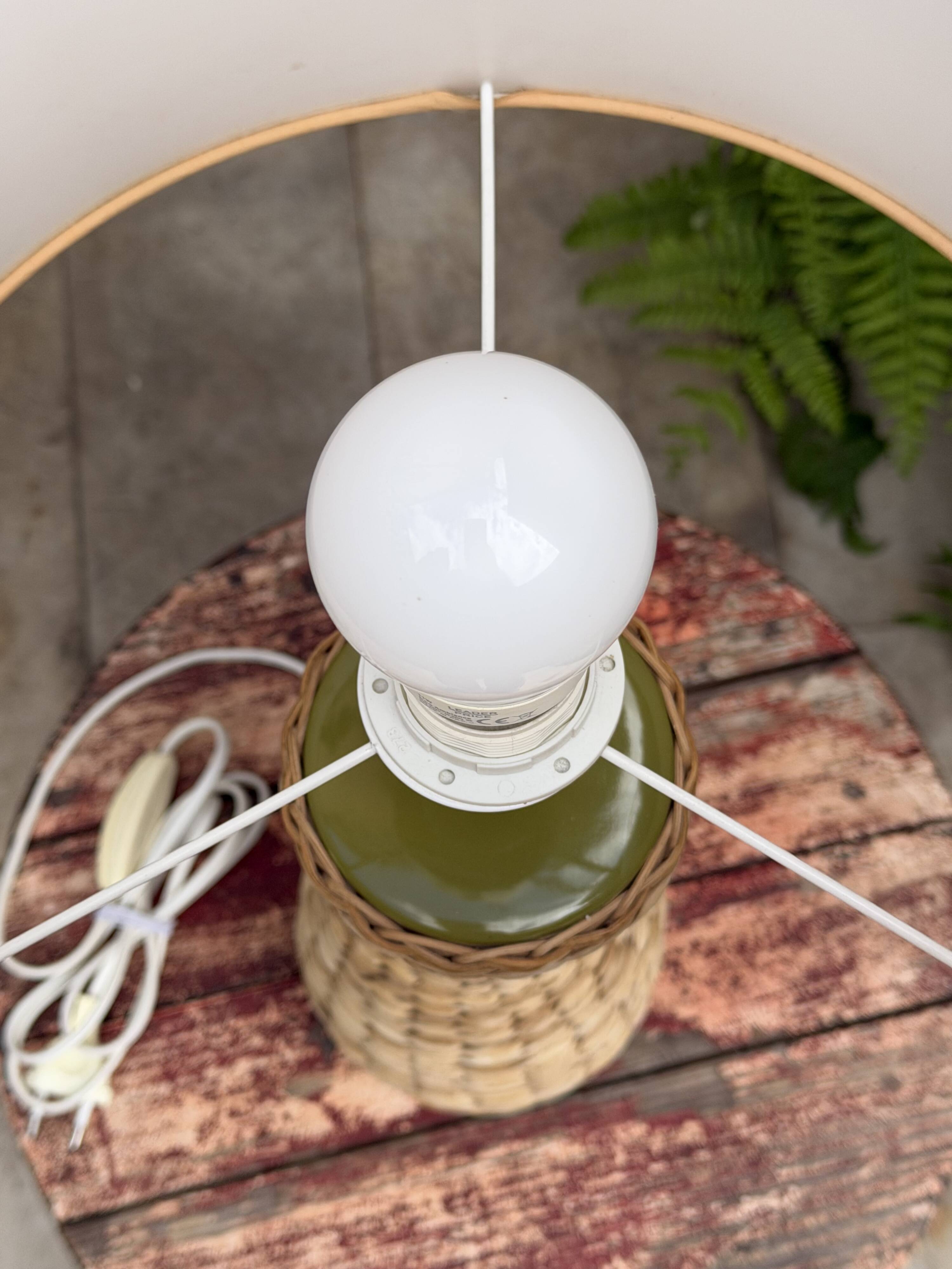 Large vintage sculptural lamp from the 60s/70s – olive green ceramic & very fine fibres.