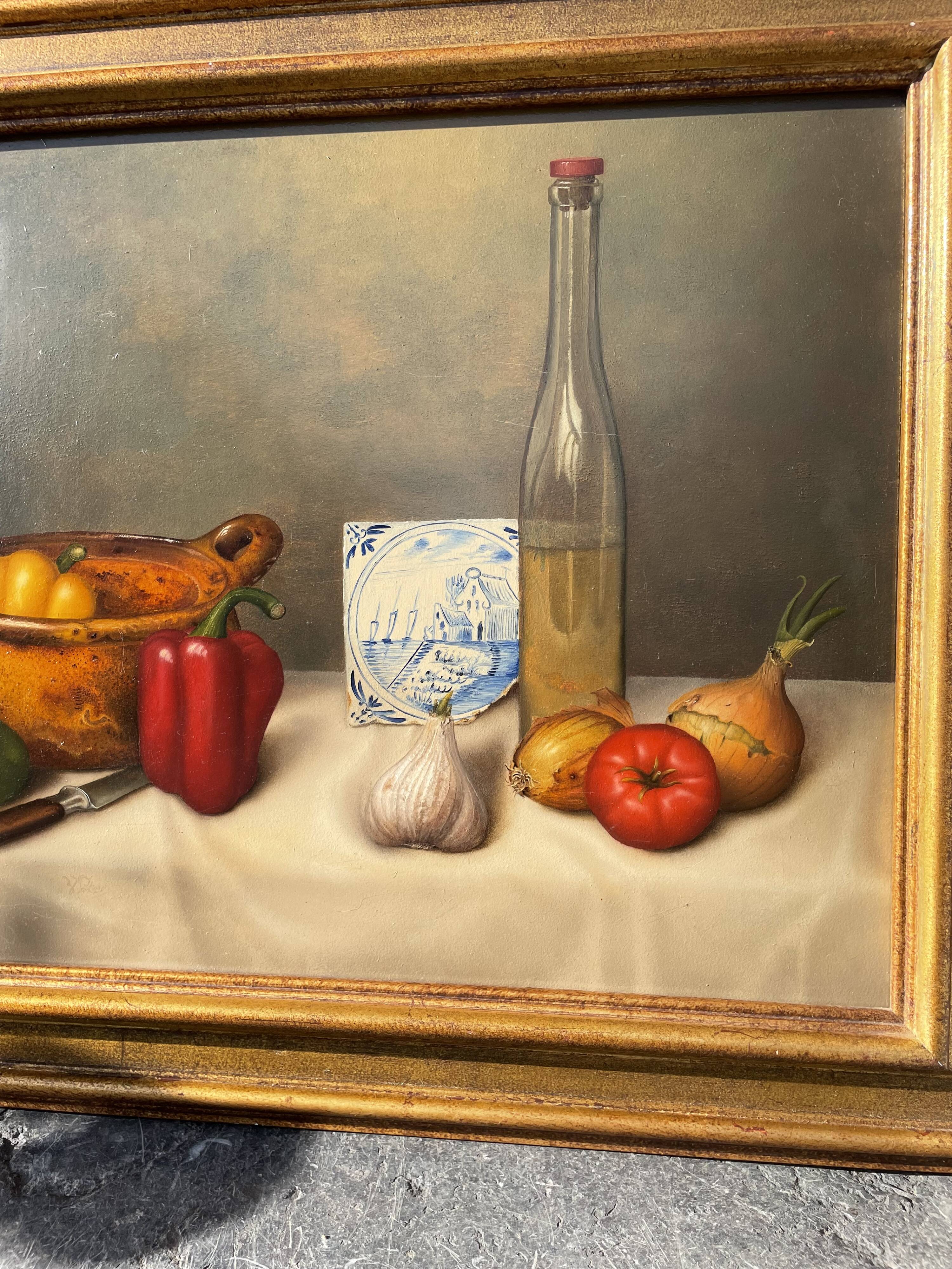 Still life with peppers, oil on panel, signed Peeters