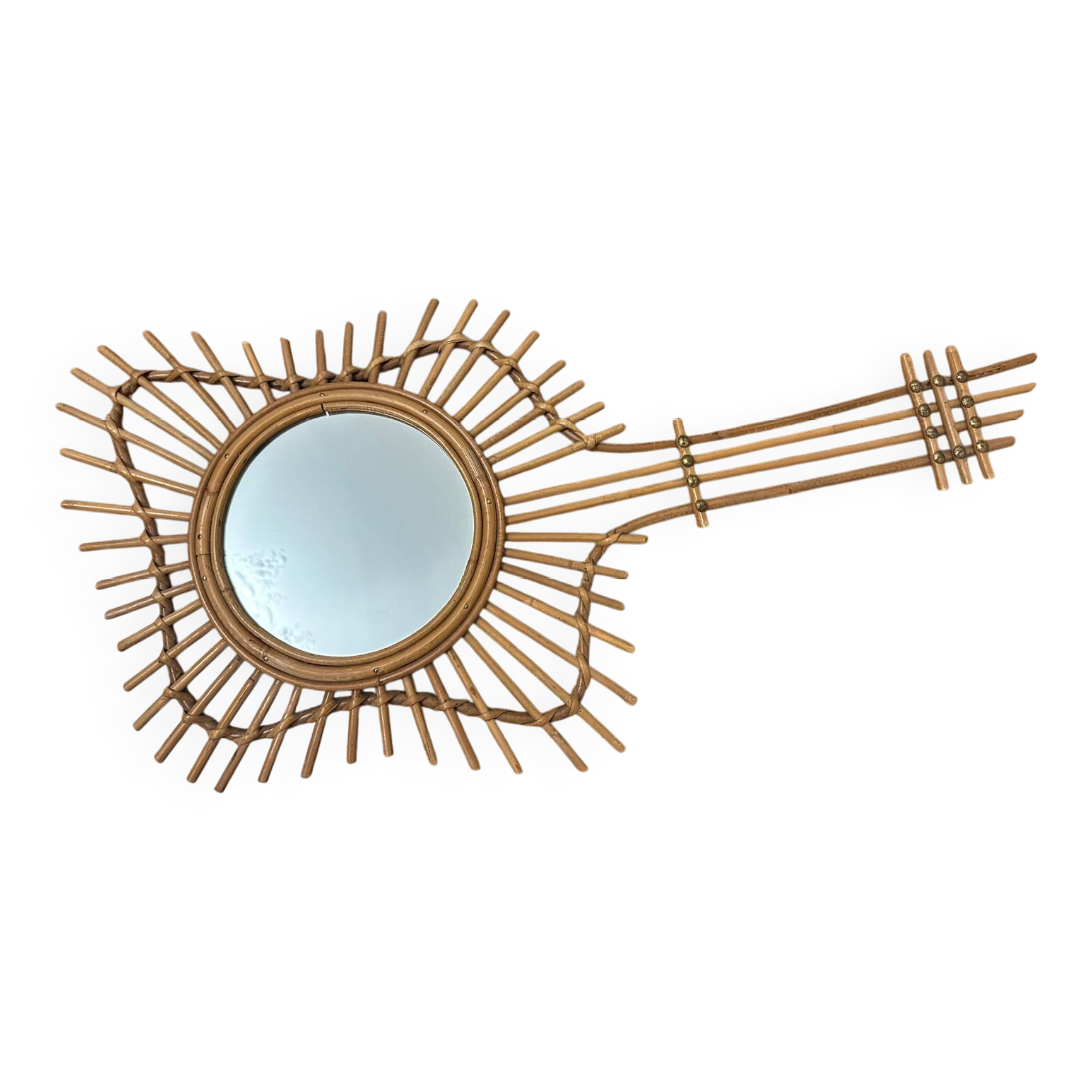 Vintage guitar-shaped rattan mirror