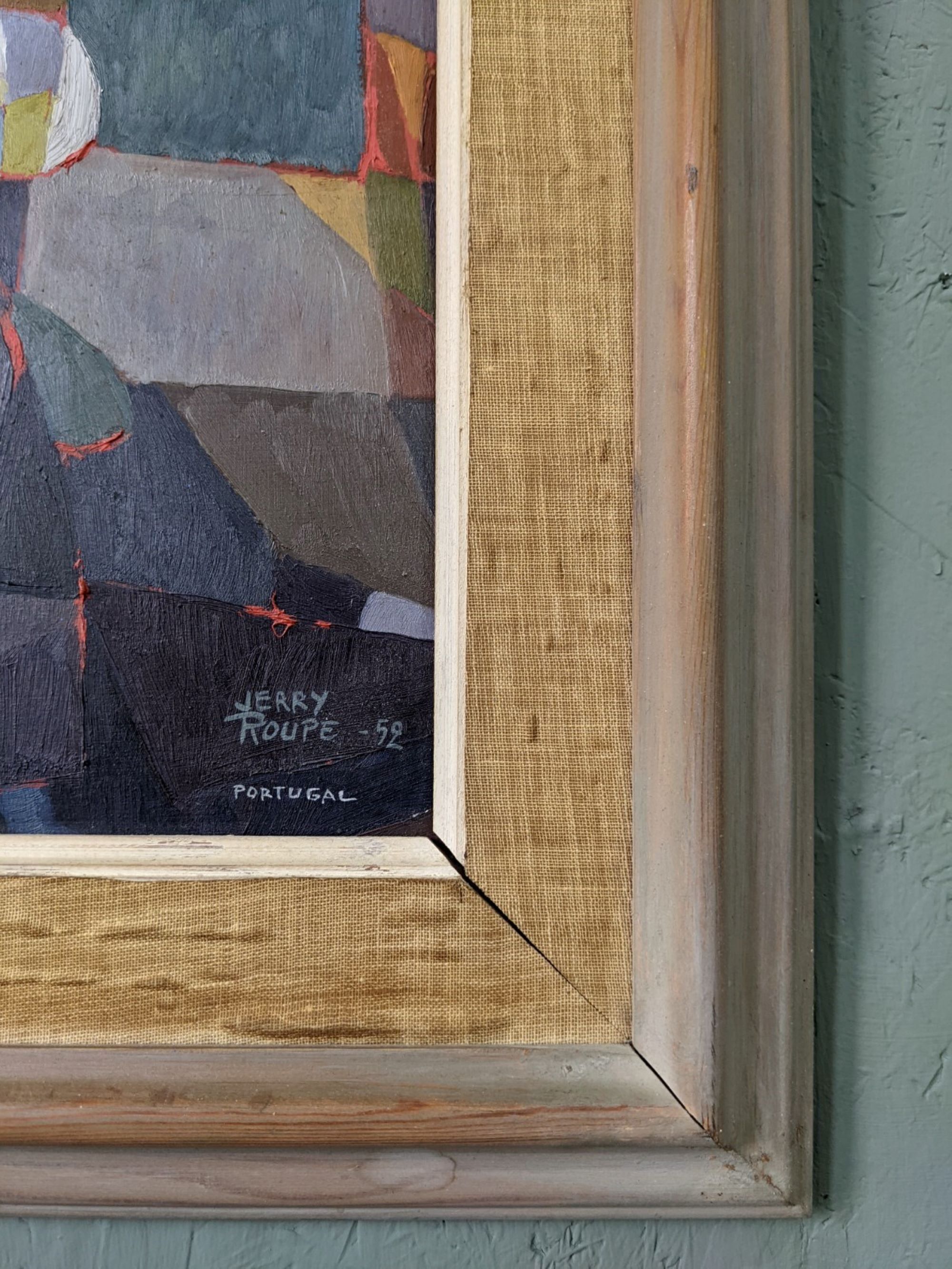 Mid-century modern swedish "streets of portugal" street scene oil painting, framed