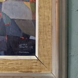 Mid-century modern swedish "streets of portugal" street scene oil painting, framed