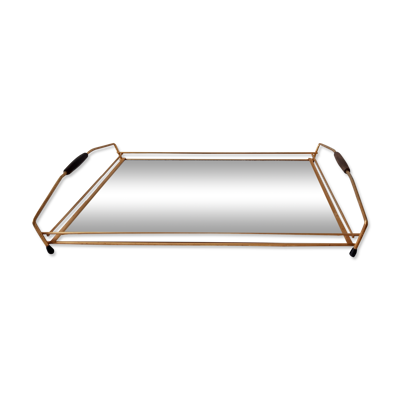 Plateau miroir en acier doré années 50