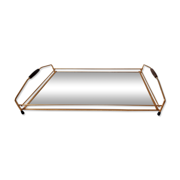 Plateau miroir en acier doré années 50