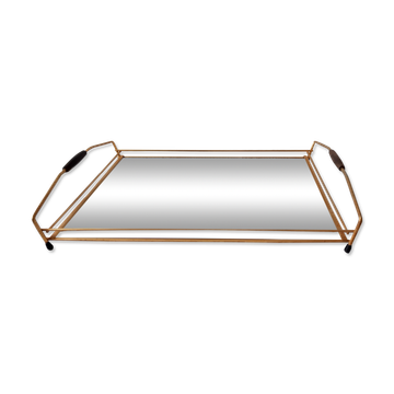 Plateau miroir en acier doré années 50