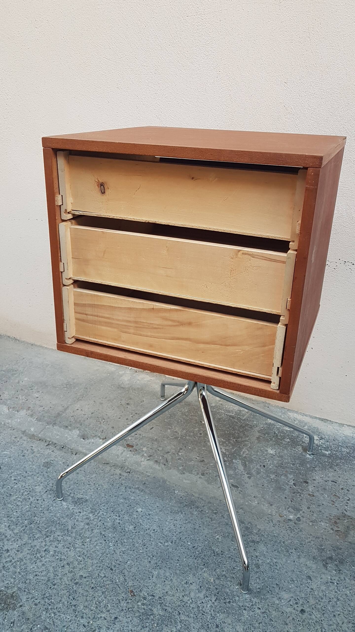 Storage cabinet 3 teak drawers on chrome legs