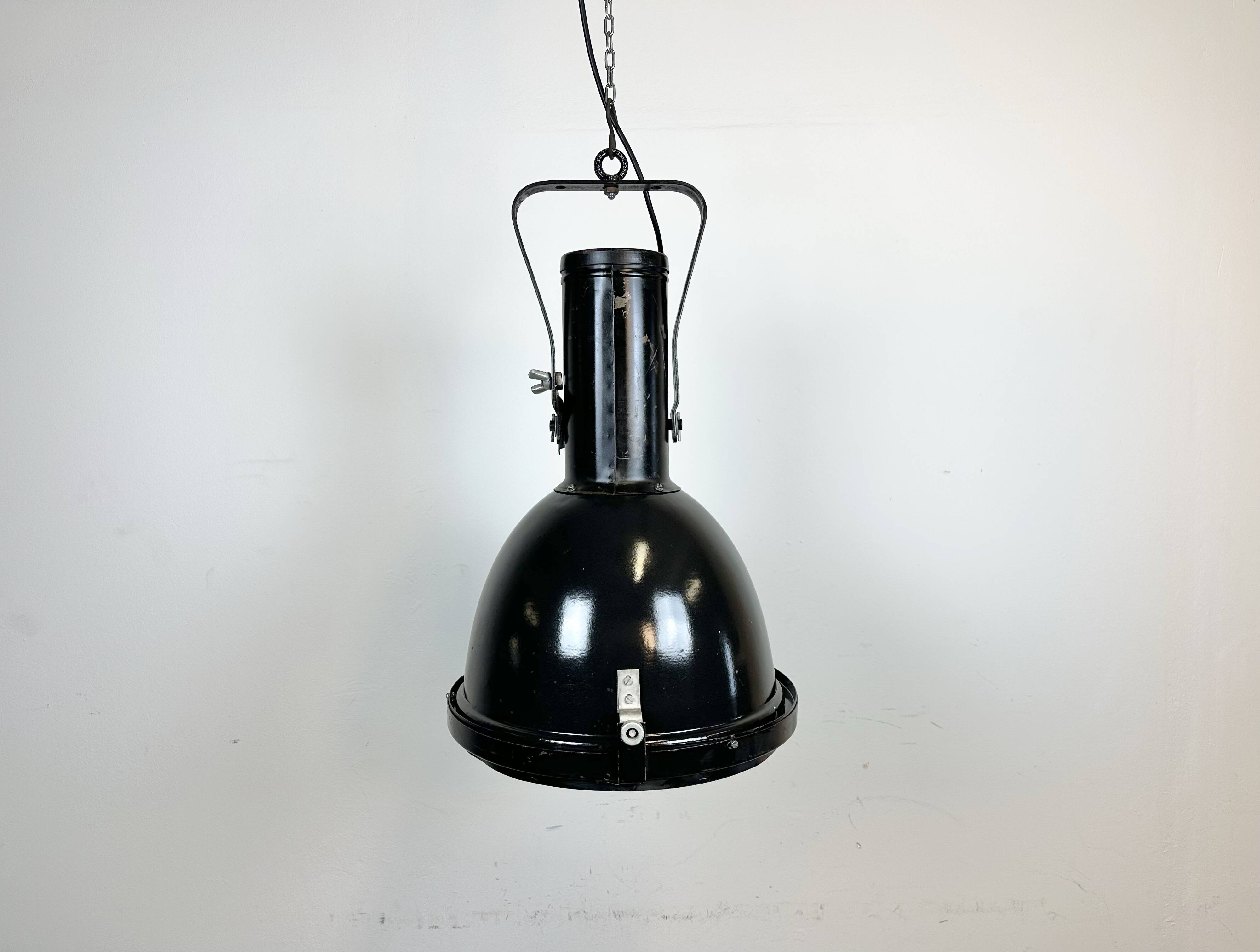 Industrial Black Enamel Factory Spotlight with Convex Glass Cover, 1960s