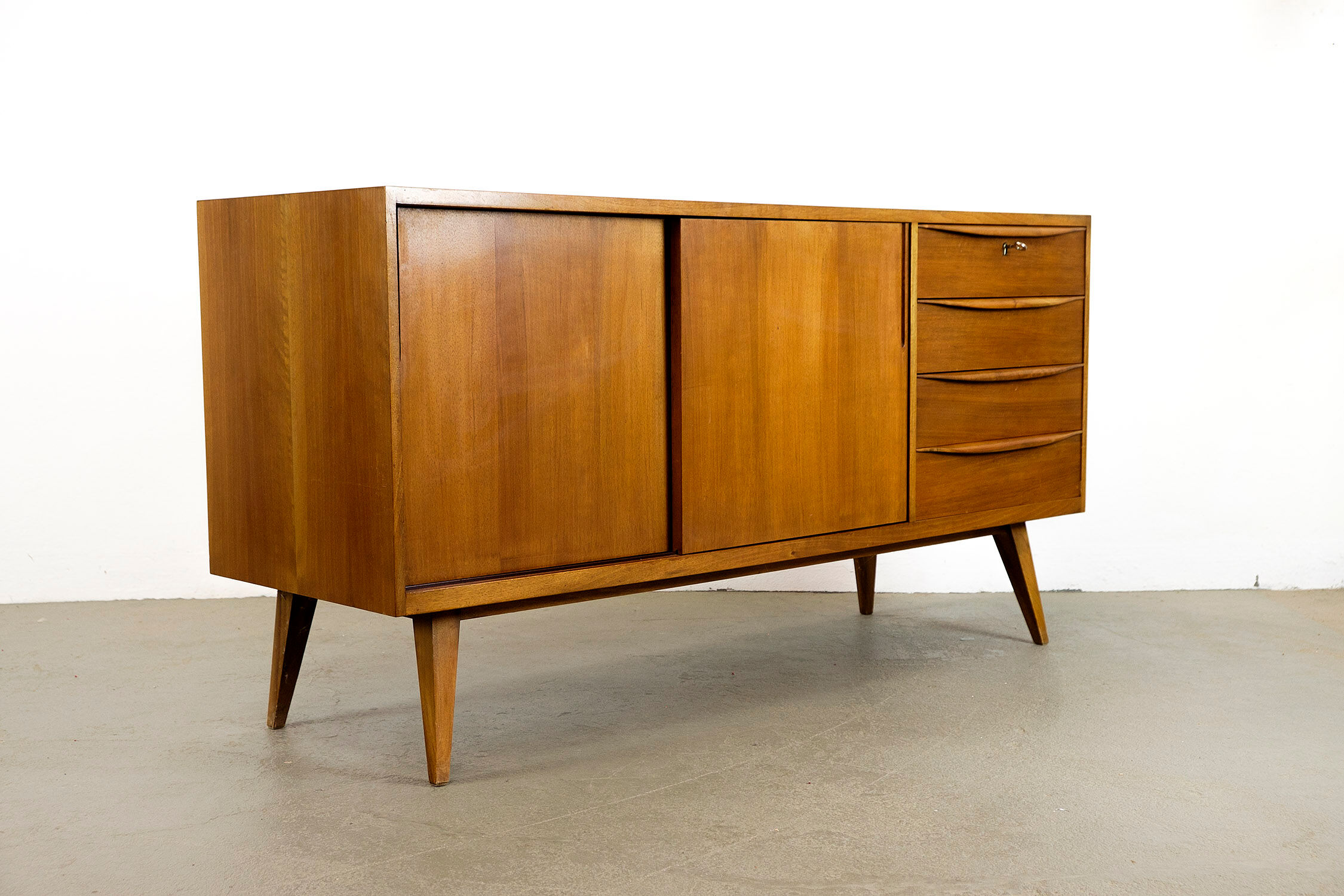 Midcentury Walnut Sideboard with sliding doors and drawers, 1950s