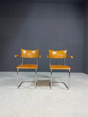 Fauteuils tubulaires fonctionnalistes de Kovona, bois et chrome, Tchécoslovaquie, années 1950
