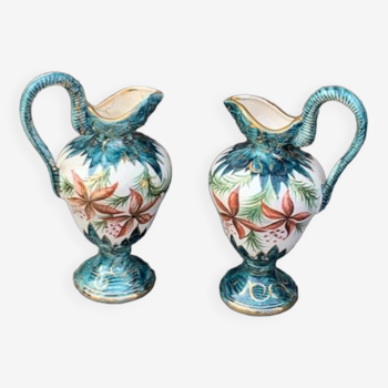 Two jugs, vases, in hand-painted enamelled ceramic, signed h. bequet quaregnon belgium