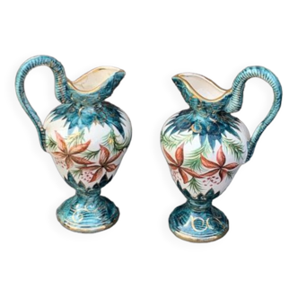Deux cruches, vases,  en ceramique emaillee peintes a la main, signées h. bequet quaregnon belgique